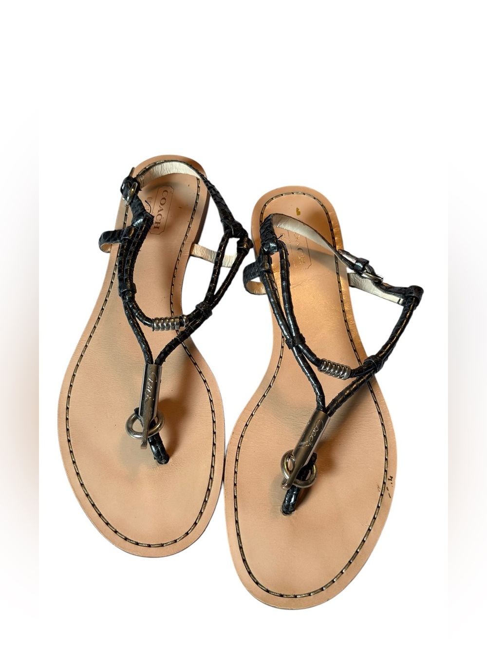 Coach Black Braided Leather T-Strap Sandals with Tan Footbed